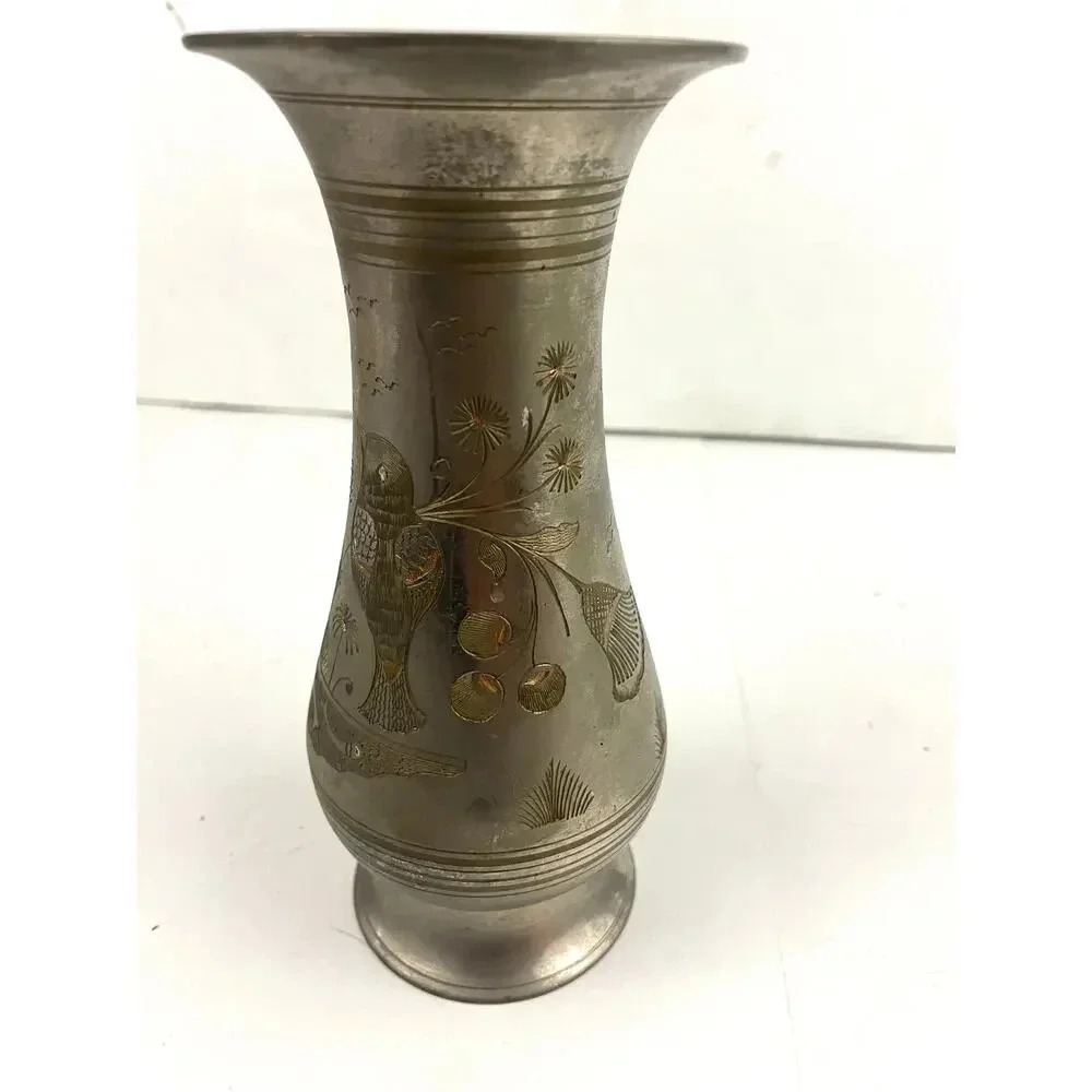 VTG Silver Tone Metal Middle Eastern Vase With Etching 8" Tall Birds Fish‎ - Picture 10 of 14